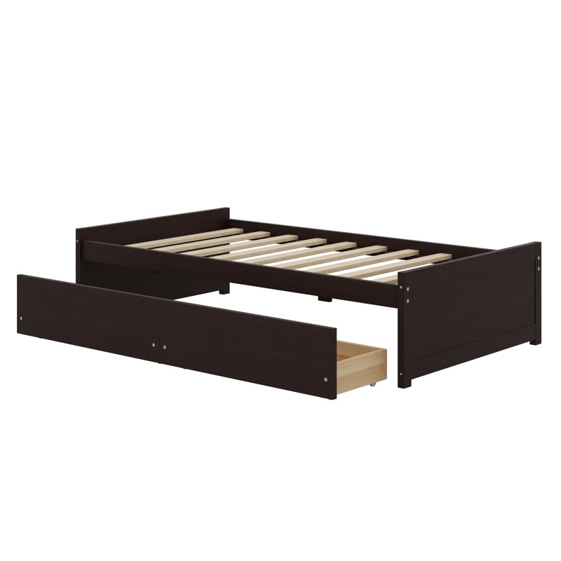 Lit simple en bois d'hévéa massif - 2 tiroirs, Espresso