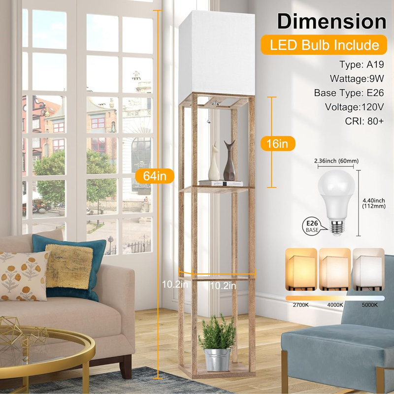 Fredy 64'' Gray Column Floor Lamp, Wood
