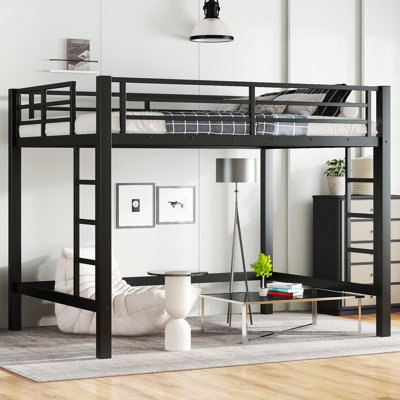 Loft Bed Queen Size, Heavy Duty Loft Bed Frame With 2 Build In Ladder And Full Length Guardrail, Easy Assemble, Noise Free Design, No Box Spring Need by Wrought Studio