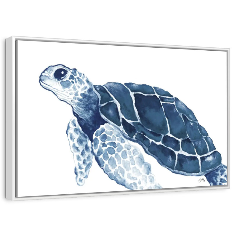 Tortue dans les bleus, Cadre flottant blanc, 46 po x 31 po