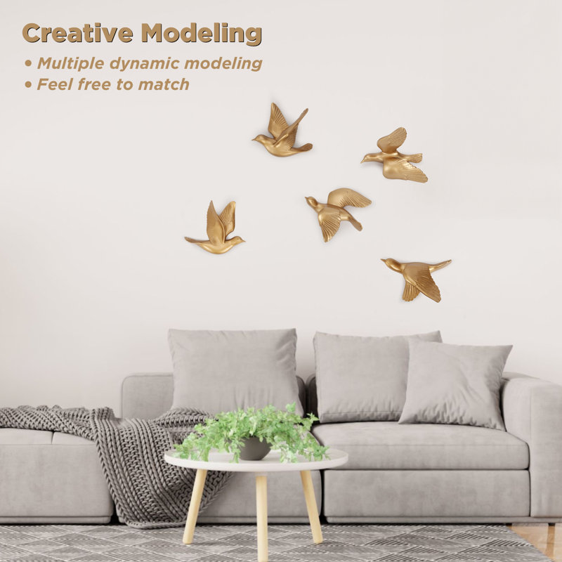 Five-Piece 3D Floating Bird, Flying Birds Wall Decor set, Gold