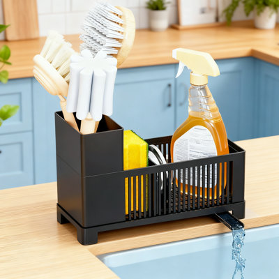 Kitchen Sink Organizer With Rotating Overflow Port, Adjustable Spacing, And Elevated Brush Holder For Maximum Countertop Storage And Organization