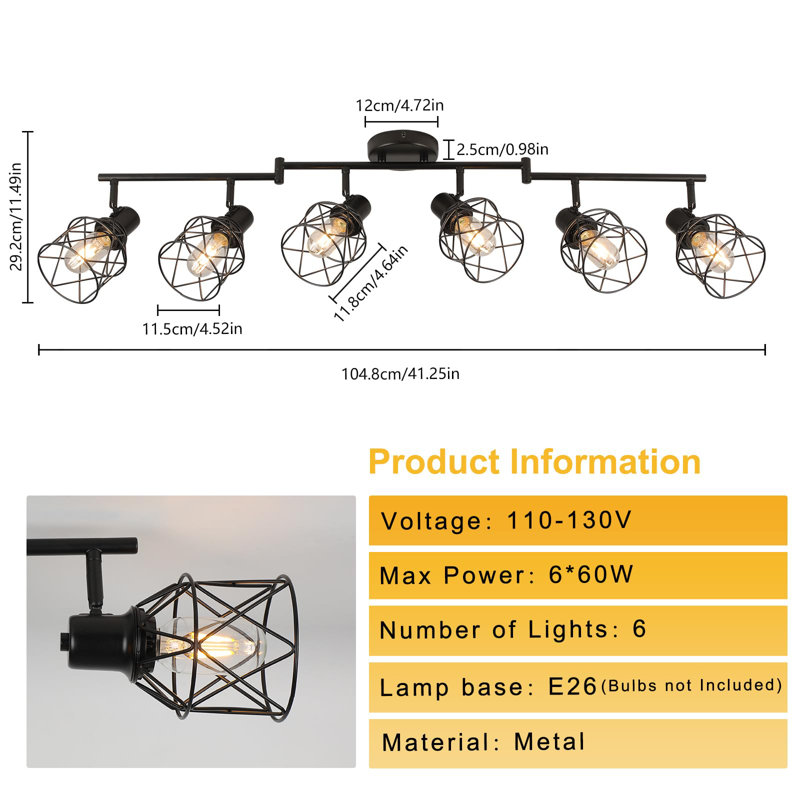 Ensemble d'éclairage sur rail 6 lumières encastrées de style industriel avec plafonnier encastré de cuisine noir, Noir