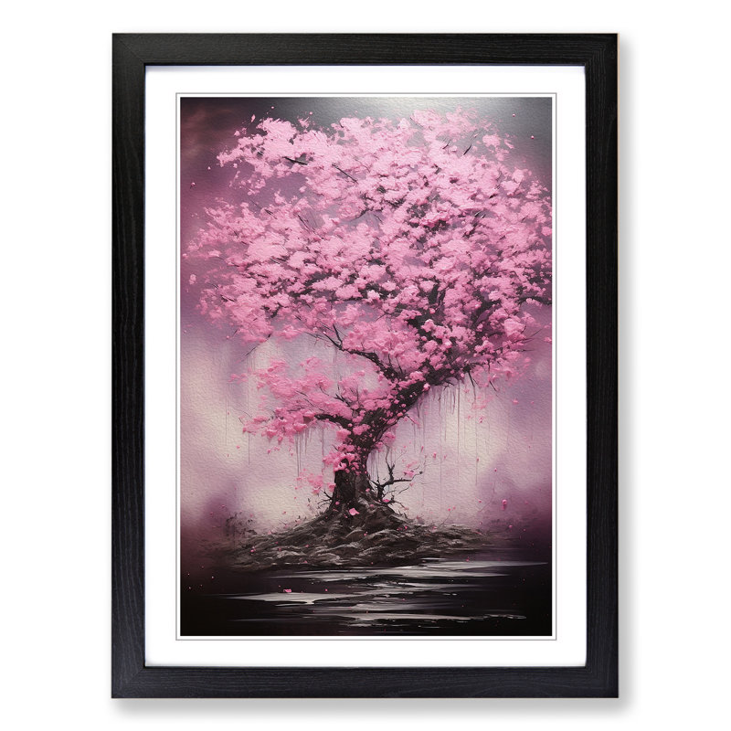 Cherry Blossom Tree Action No.4 - Single Picture Frame Print on Wood, 34cm H x 25cm W x 2cm D, Black Framed