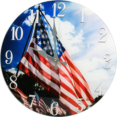 Glass Wall Clock - Ideal For Home And Office Decor - Aestethic 5Mm Thick For Durability - Precise Timekeeping - Perfect For Living Room, Bedroom, Or Kitchen - 13 Inches - American Flag