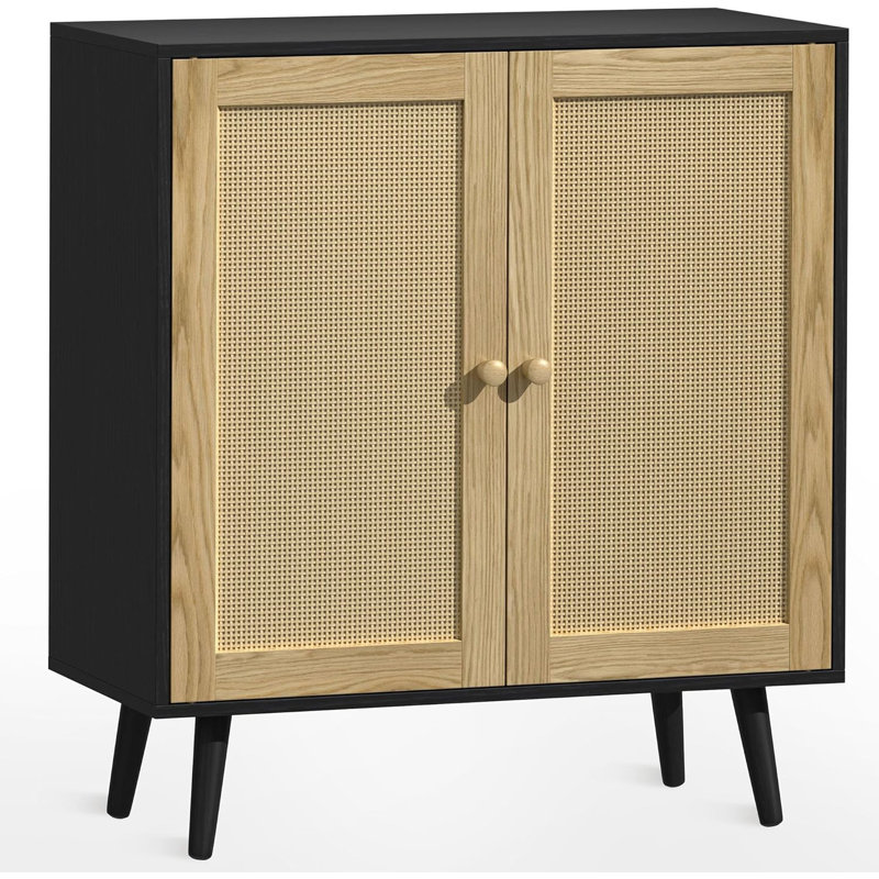 2 Door Rattan Storage Cabinet, Wood Kitchen Sideboard Buffet Console Table With Shelves For Kitchen & Entryway Storage, Black