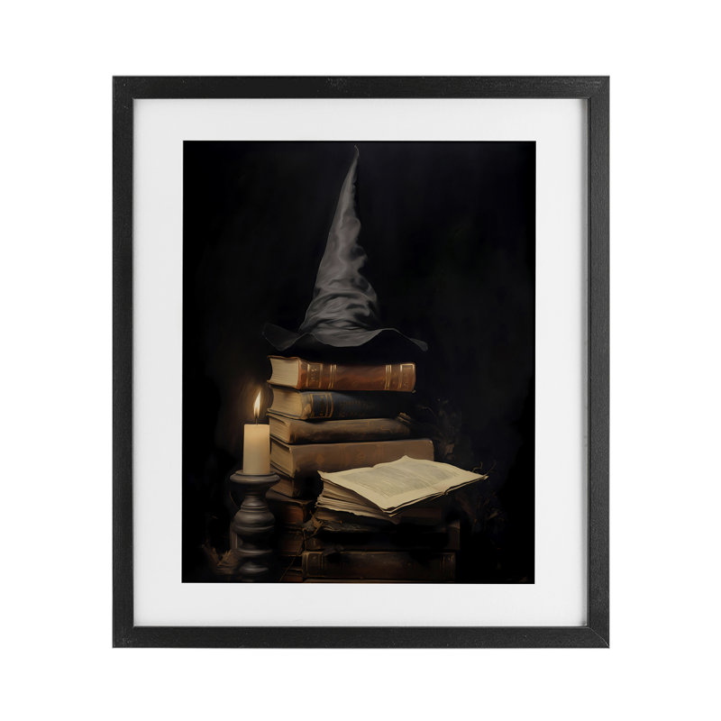 Bibliothèque et chapeau de sorcière, reproduction encadrée sous verre, design par LSR Design Studio, H 21 po x l 17 po