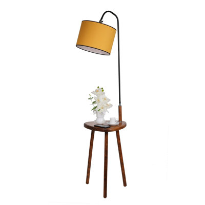 Luro Stylish Floor Lamp with Wooden Table, Walnut & Mustard Finish, 63.0 inches Tall | Metal Body, 15.4 x 15.4 inches Table, On/Off Switch | Max 60W E27 Socket, Perfect for Living Room & Bedroom Decor, Modern Design
