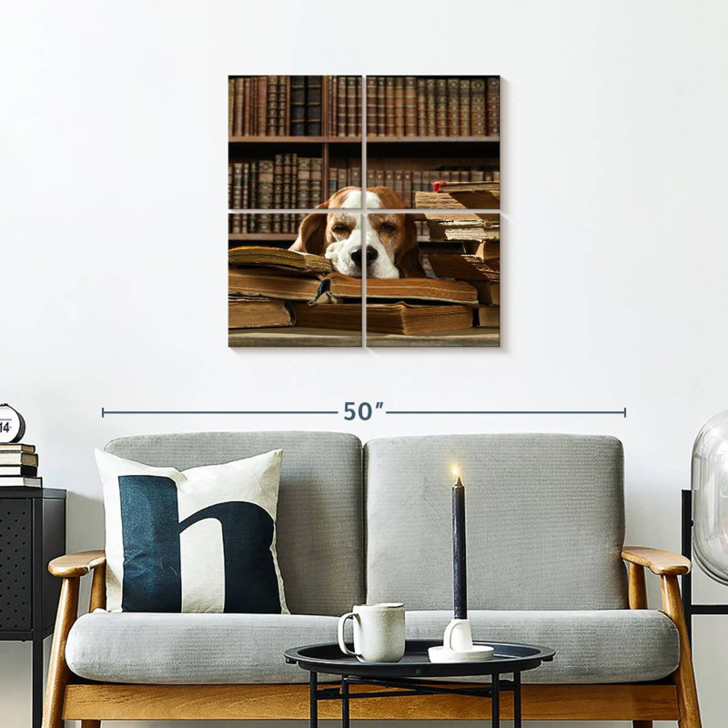 Chien et livres, H 26 po x l 26 po