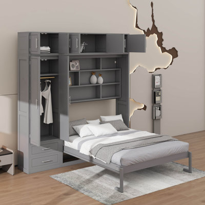 Lit escamotable mural avec rangement, lit pliable avec armoire supérieure, tablettes et garde-robe