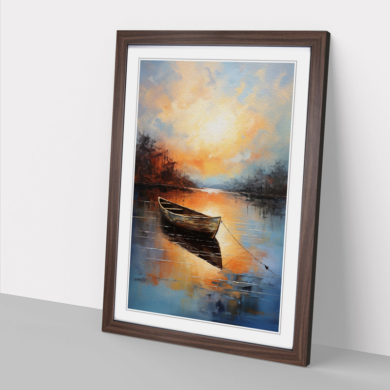 Boat On A Lake Action Painting No.2 - Single Picture Frame Print on Wood, 34cm H x 25cm W x 2cm D, Walnut Framed