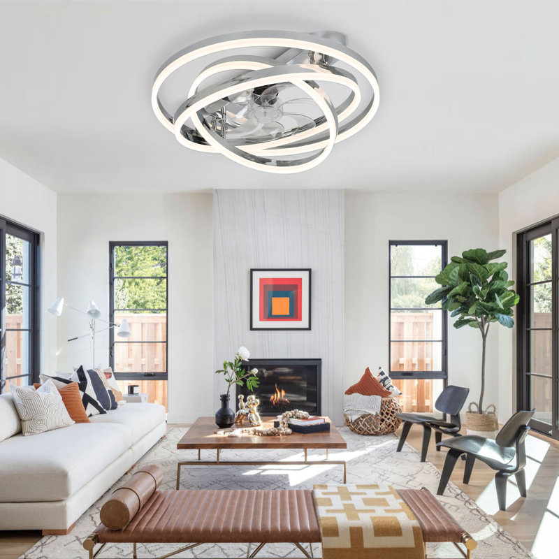 Herrada 24" Space-Saving Flush Mount Ceiling Fan with Adjustable Dimmable LED Light Kit, Silver
