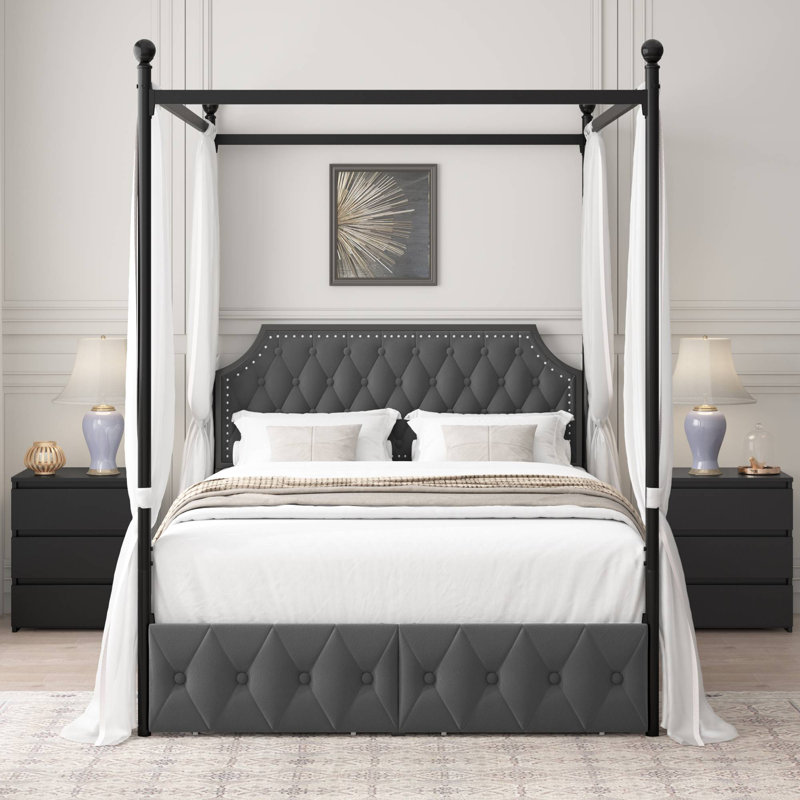 Artevious Upholstered Metal Canopy Storage Bed, Full, Dark Gray