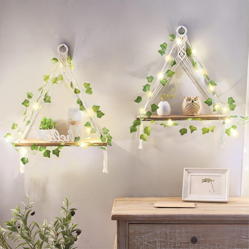 Artificial Ivy Macrame Hanging Shelves With Lights Set Of 2 Boho Wall Decor Display Plants Photos Wood Floating Storage Shelf, Ivory