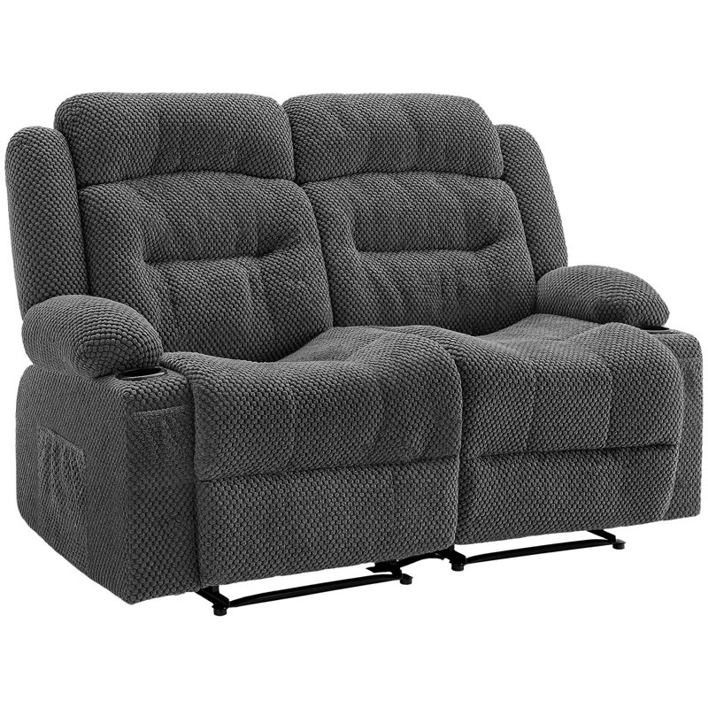 Canapé inclinable avec causeuse, canapé inclinable manuel avec chauffage et massage, canapé inclinable en velours côtelé avec ports USB, porte-gobelets et sacs de rangement latéraux, causeuse double pour le salon, gris