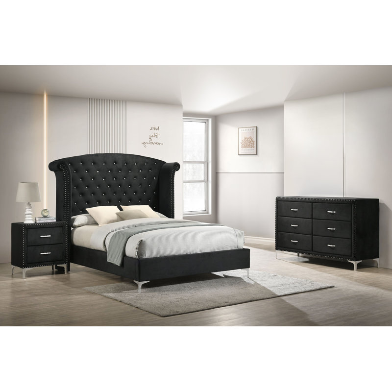 Ensemble de chambre à coucher rembourrée standard Rosmini, Grand lit, Ensemble de 5 pièces : lit, table de chevet, comm