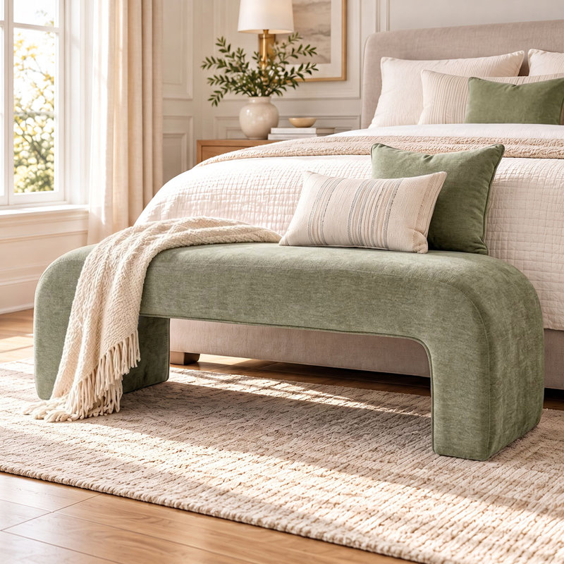 Ichika 47" W Upholstered Bench, Olive Green Chenille