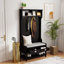 Arbre d'entrée 3 en 1 avec 2 tiroirs de rangement et 4 portemanteaux, banc de rangement pour chaussures en bois avec coussin de siège rembourré, banc de vestibule avec tablette de rangement supérieure (noir)