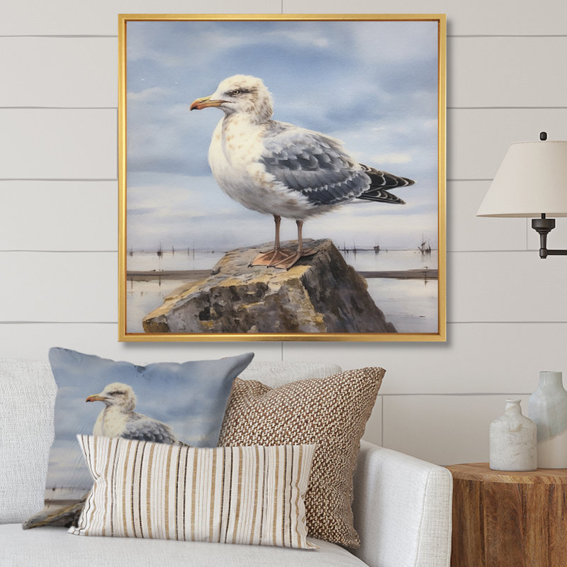 Mouette en V sur toile, H 16 po x l 16 po x P 1 po, Cadre flottant doré