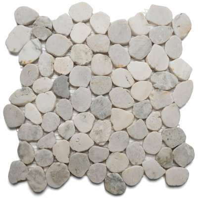 CNK Tile Glacier White Round Sliced Pebble Tile - 12" X 12" Polished Natural Stone For Bathroom Kitchen Backsplash Wall & Floor Tiles - Durable Easy Installation Low Maintenance - Pack Of 1