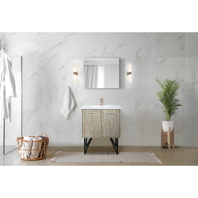Meuble-lavabo rustique l 30 po avec comptoir en marbre de culture P 20 po, robinet or rose, miroir 28 po