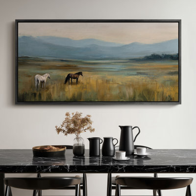Peaceful Horses in Open Meadow Landscape Framed Print Wall Art