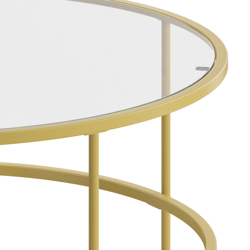 Berzan Glass Living Room Coffee Table with Round Metal Frame, Clear Top/Matte Gold Base