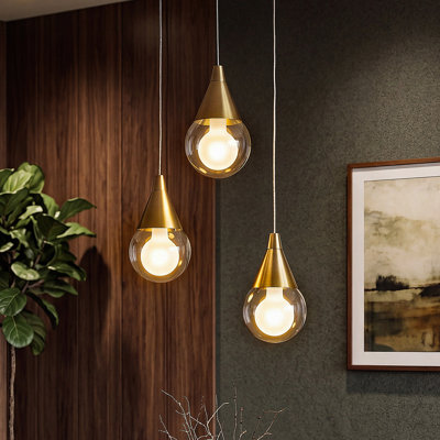 3-Light Plated Brass Teardrop LED Mini Crystal Pendant Light, Glam Hanging Light for Kitchen Island Bedroom Living Room