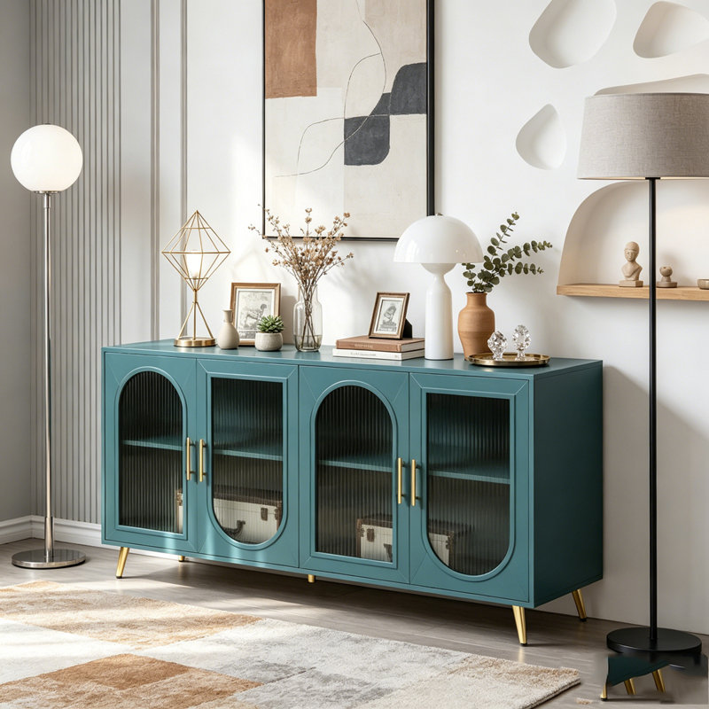 Meuble télé pour téléviseur de 65 pouces et plus avec portes en verre et tablettes réglables