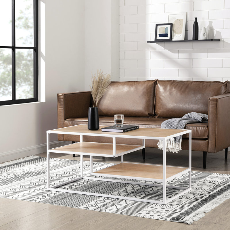 Four Leg Coffee Table with Storage, White/Coastal Oak