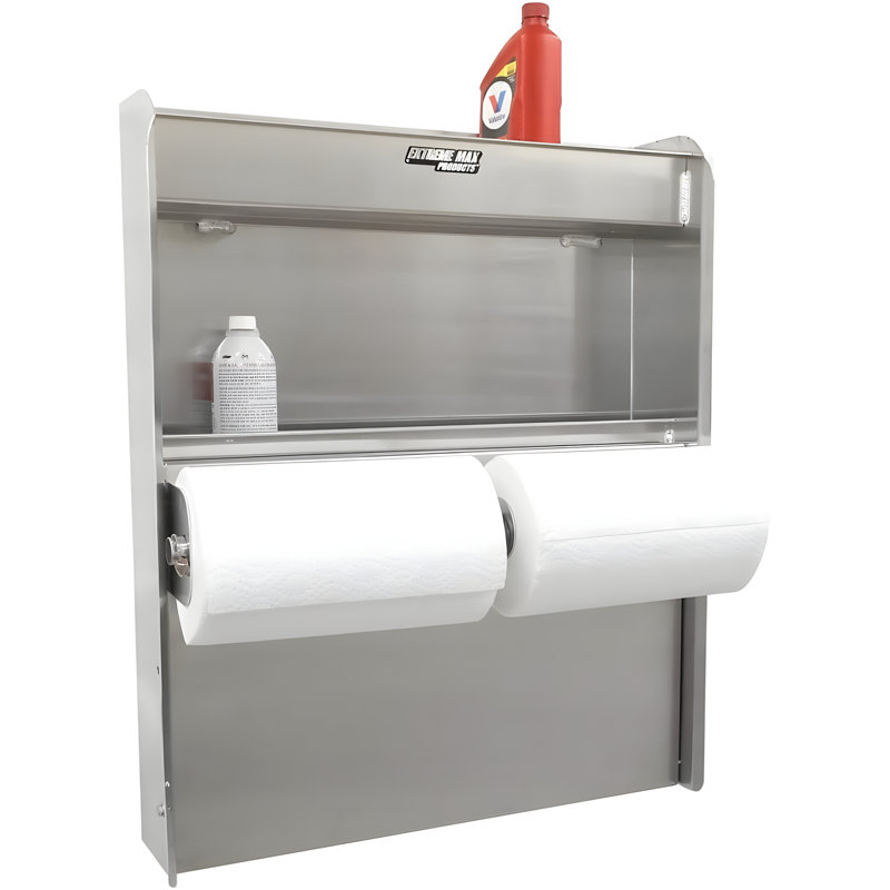 Aluminum Work Station Storage Cabinet With Flip-Out Work Tray And Paper Towel Rack Organizer For Garage, Shop, And Enclosed Trailers