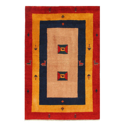 Tapis bleu / rouge / beige en laine / coton 3 pi 6 po x 5 pi 4 po Meho