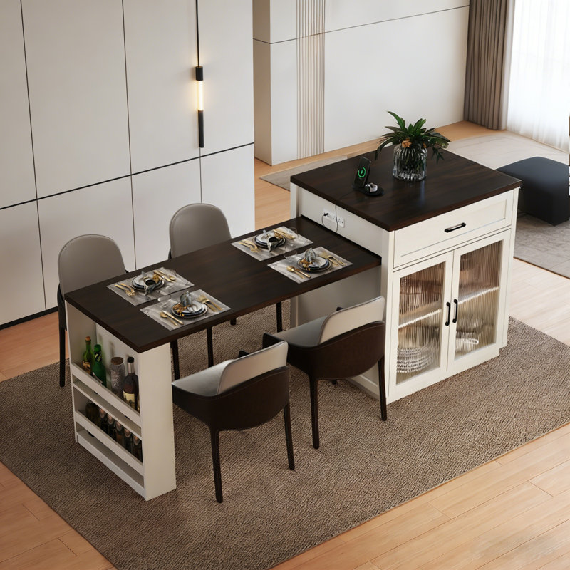Îlot de cuisine extensible de 83 po avec table à manger escamotable Gracie Oaks, concentrateur électrique intégré (USB-C et CA), support à épices mobile et rangement en verre givré