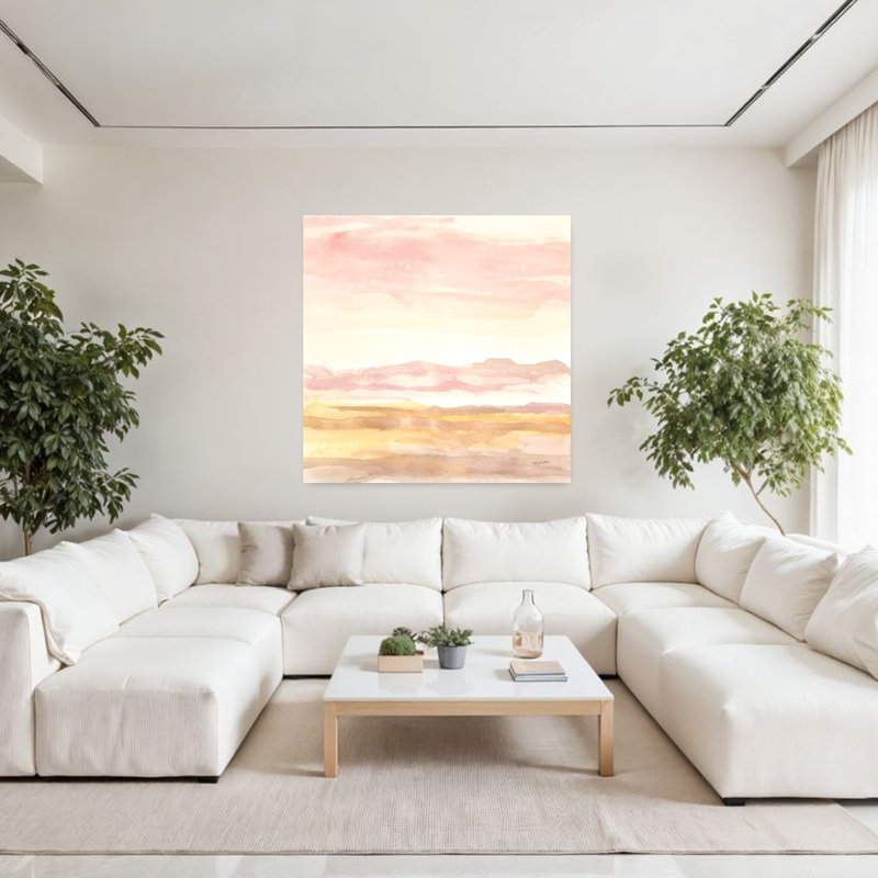 «Pink Horizon I», art contemporain abstrait au lever du soleil, H 48 po x l 48 po