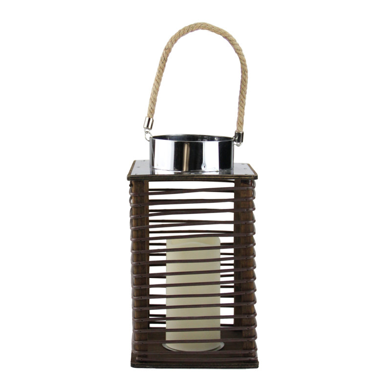 Lanterne contemporaine en bois avec cordon DEL sans flamme avec minuterie, H 11,75 po x l 6,75 po x P 6,75 po