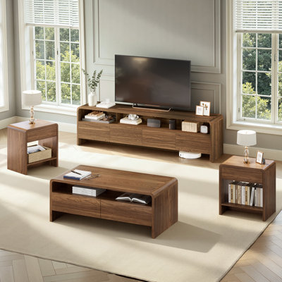 Dulane Modern 4-Piece Living Room Table Set with Large Drawers & Curved Edges,Walnut