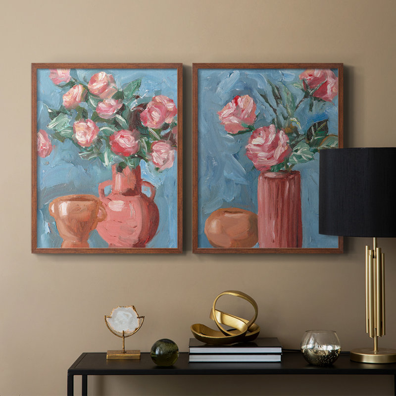 Impression encadrée Rosa Blooms I-Premium - prête à être accrochée - aucun clou requis - aucun clou requis, Noyer