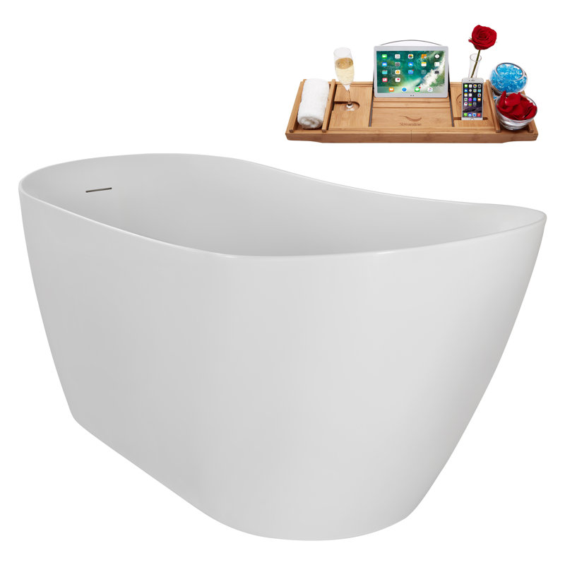 59" Streamline Soaking Acrylic Freestanding Bathtub, Bamboo Tray, Drain, Brushed Brass