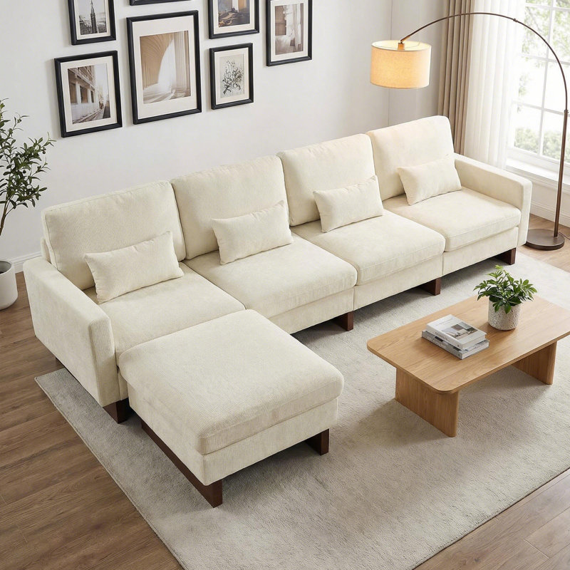 Canapé modulaire rembourré en chenille de forme large L de 124 po de large avec dossier rembourré et repose-pieds amovible beige