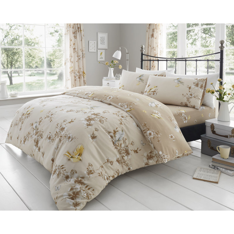 Birdie Blossom 144 TC Modern & Contemporary Duvet Cover Set, Natural, Double