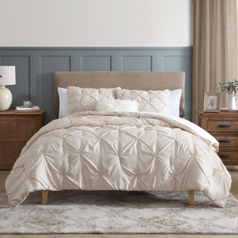 Traditional Pintuck Pleat Microfiber 3-Piece Comforter Set, King Comforter + 2 King Shams, Beige Stripe