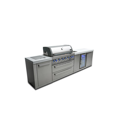 Îlot de cuisine modulaire en acier inoxydable avec réfrigérateur et évier pour centre de breuvage l 44 po x l 44 po + comptoirs en granit blanc + armoires de rangement + convertible au gaz naturel + à vie Mont Monti Garantie