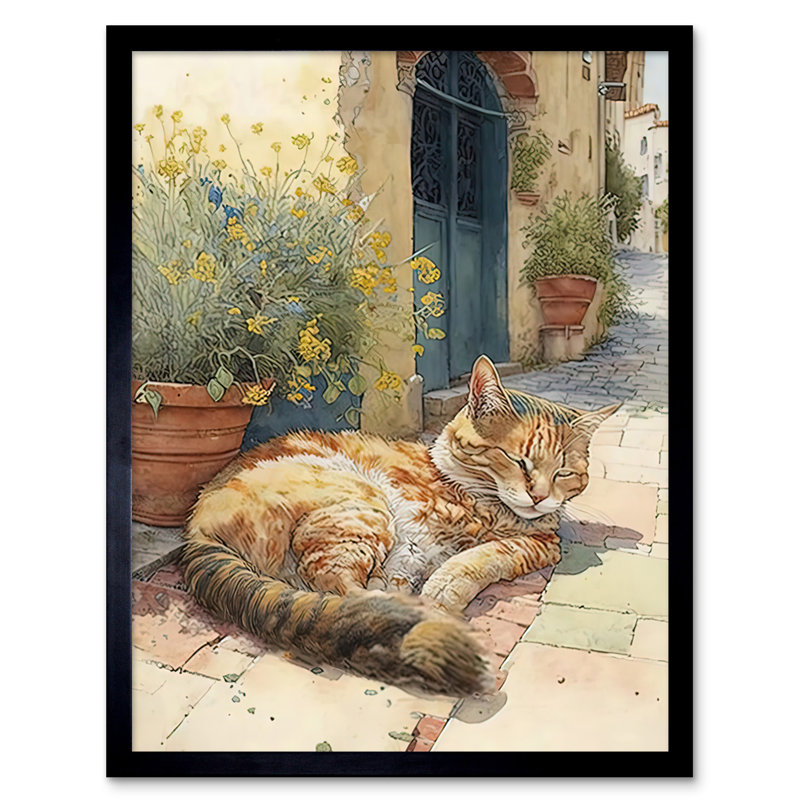 Cat Sunbathing In Mediterranean Village Street Watercolour - Single Picture Frame Print