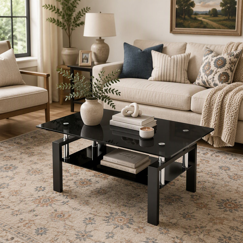 Black Tempered Black Glass Coffee Table, 2-Layers Tea Table with Metal Legs 100x55x45