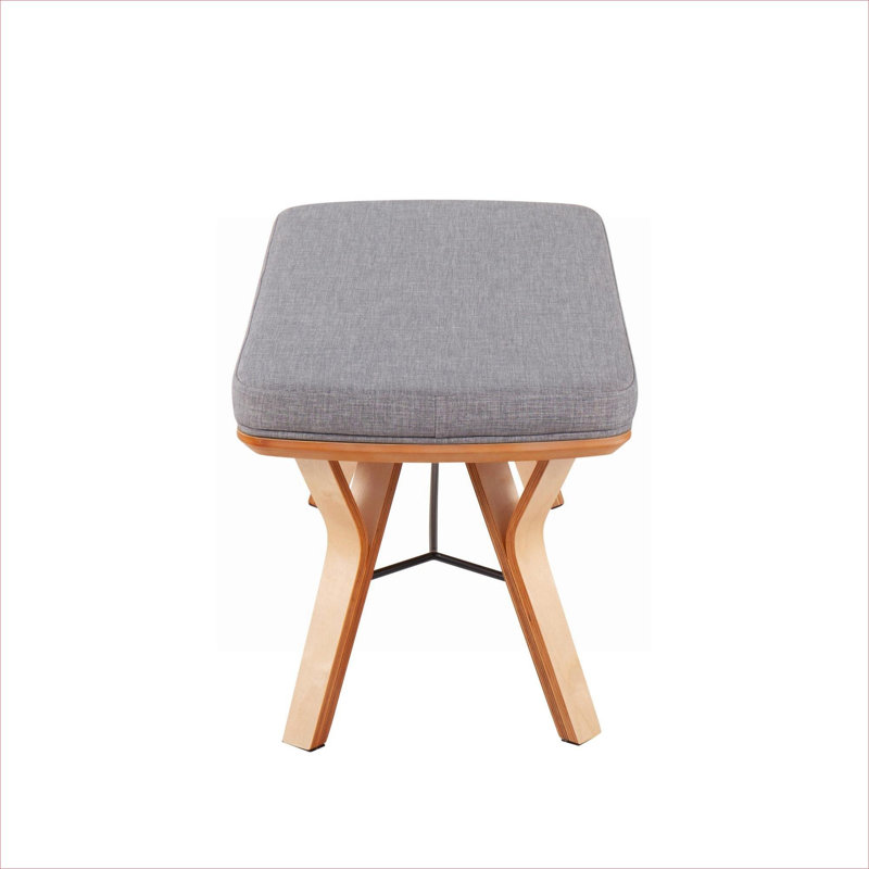 Gray-toned 2-Seat Mid-Century Modern Indoor Bench, Upholstered Fabric with Natural Wood Frame