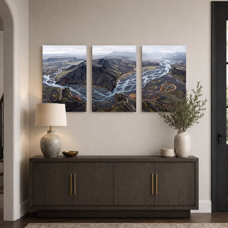 Ensemble de 3 toiles volcaniques foncées et rivières glaciaires tressées, 30"H x 20"W x 3pcs