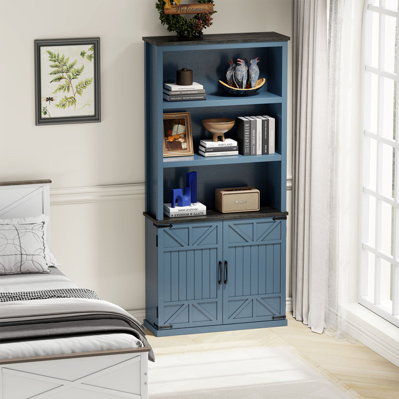70'' Tall Blue MDF Farmhouse Bookcase with Doors and Shelves