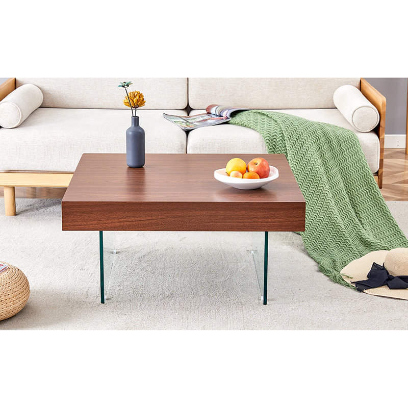 Table basse en noyer avec pieds en verre trempé à finition lisse - 31,5 po x 31,5 po