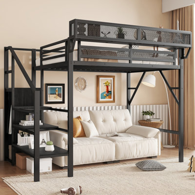 Twin Metal Loft Bed with Stairs, Storage Shelves & Wardrobe for Kids Teens, Black
