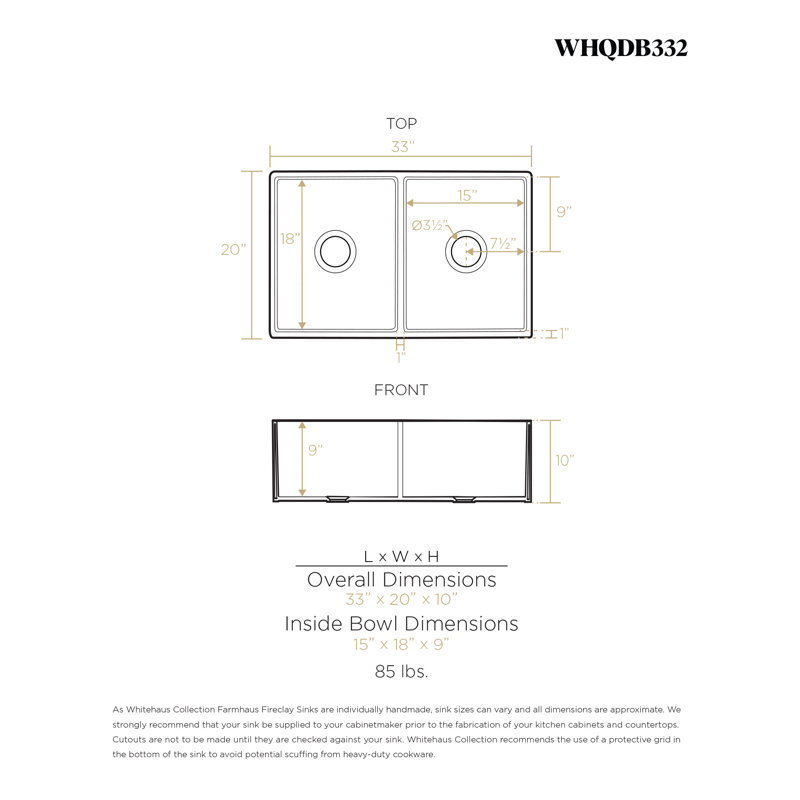 FarmhausQuatro 33" x 20" Double Bowl Front Apron Fireclay Sink, Glossy Biscuit